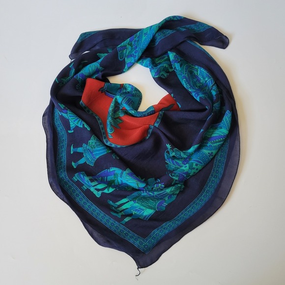 Vintage Silk Chiffon Square Scarf Indian Motif Boho Chic Elevated Sophisticated - Picture 2 of 5